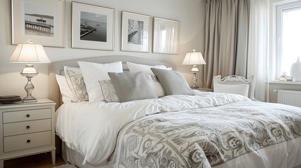 Modern Elegance in Bedroom Decor with Silver and White Framed Photographs