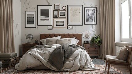 Tranquil Retreat: Artistic Bedroom with a Gallery Wall of Unique Picture Frames