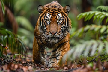 Fototapeta premium A Sumatran tiger emerging from the dense underbrush, its powerful body and striking orange coat with black stripes making it a majestic sight.