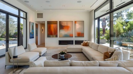 Fototapeta premium Serene Contemporary Living Room with Elegant Minimalist Framed Artwork