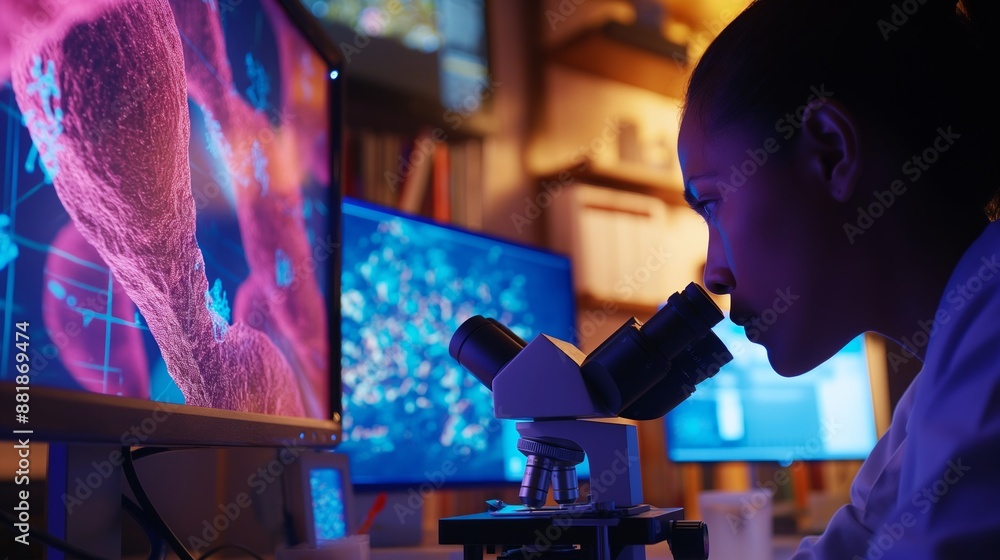 Poster a scientist examines samples under a microscope, analyzing data displayed on multiple monitors.