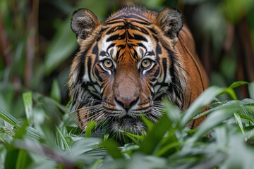 A Sumatran tiger emerging from the dense underbrush, its powerful body and striking orange coat with black stripes making it a majestic sight.