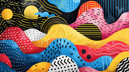 Geometric patterns and line, playful quirky cartoonish illustration, vivid splashing color