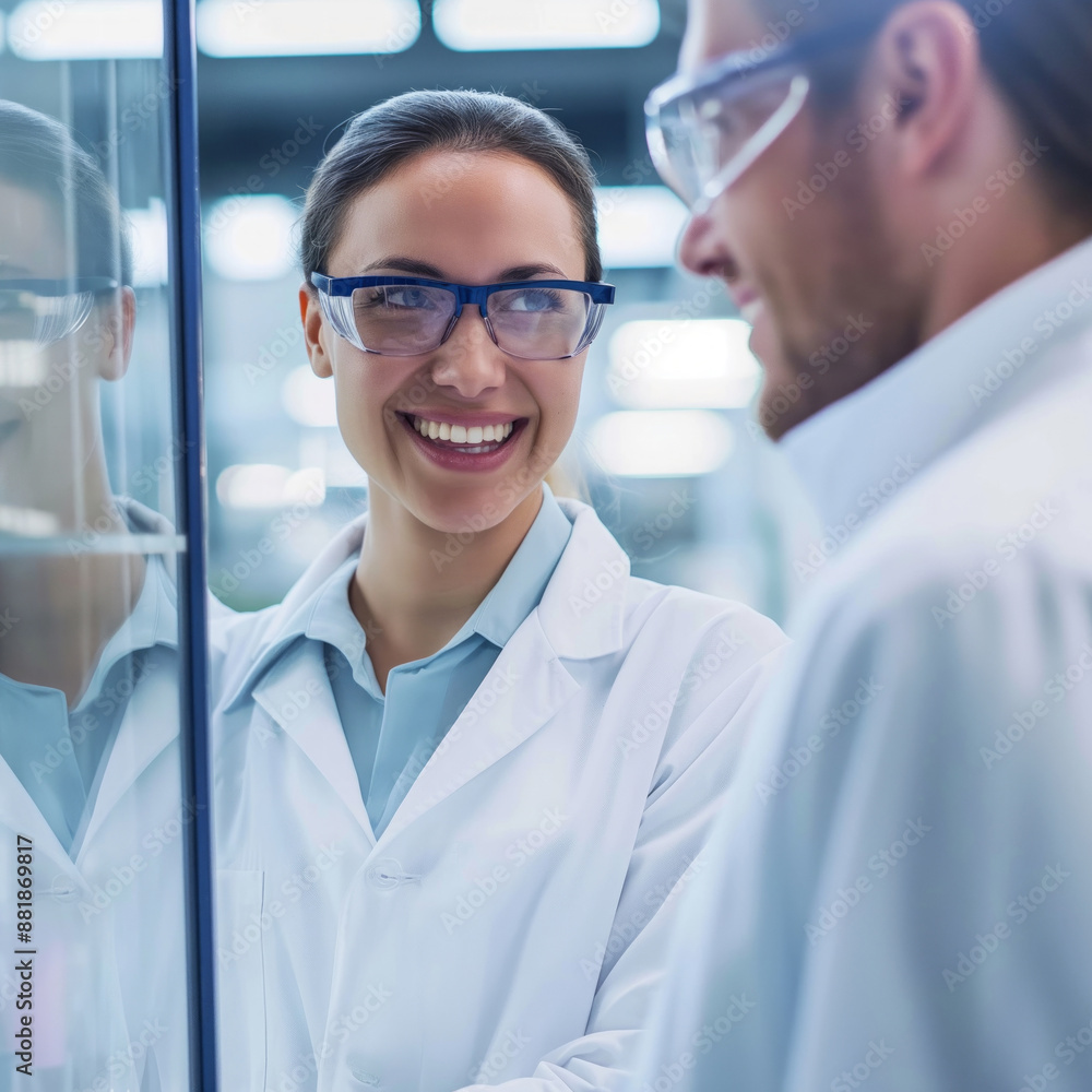 Poster scientists in lab coats smiling and discussing a project in a bright laboratory.