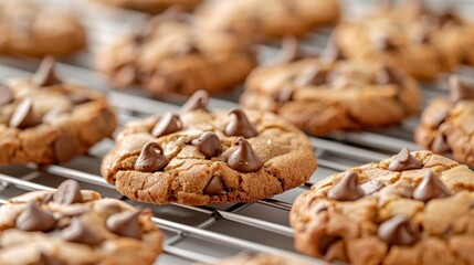 A scene featuring freshly baked chocolate chip cookies cooling on a wire rack, highlighting their gooey chocolate chips and golden-brown cookie bases for a mouthwatering dessert.