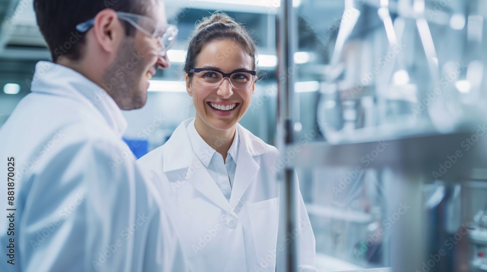 Poster two scientists smiling and discussing in a laboratory.