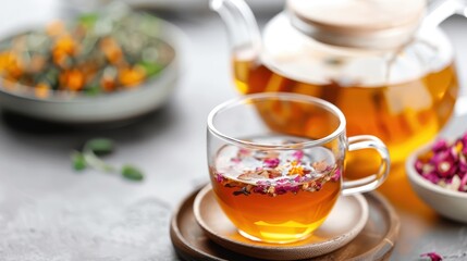 A visually appealing cup of golden herbal tea with floating botanical blossoms, presenting a blend of nature and tranquility, inviting a serene and calming tea-drinking experience.