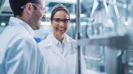 Two scientists smiling and discussing in a laboratory.