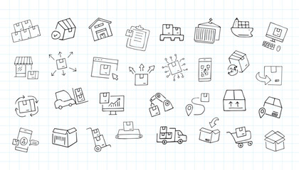 delivery. the pattern. mail. box. icons. transport. sticker. to send. the package. postman. on a colored background. package. drawing. doodle. minimalism. black lines.