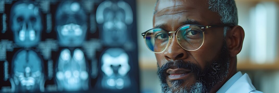 African American scientists presenting skull anatomy using xray images a health seminar