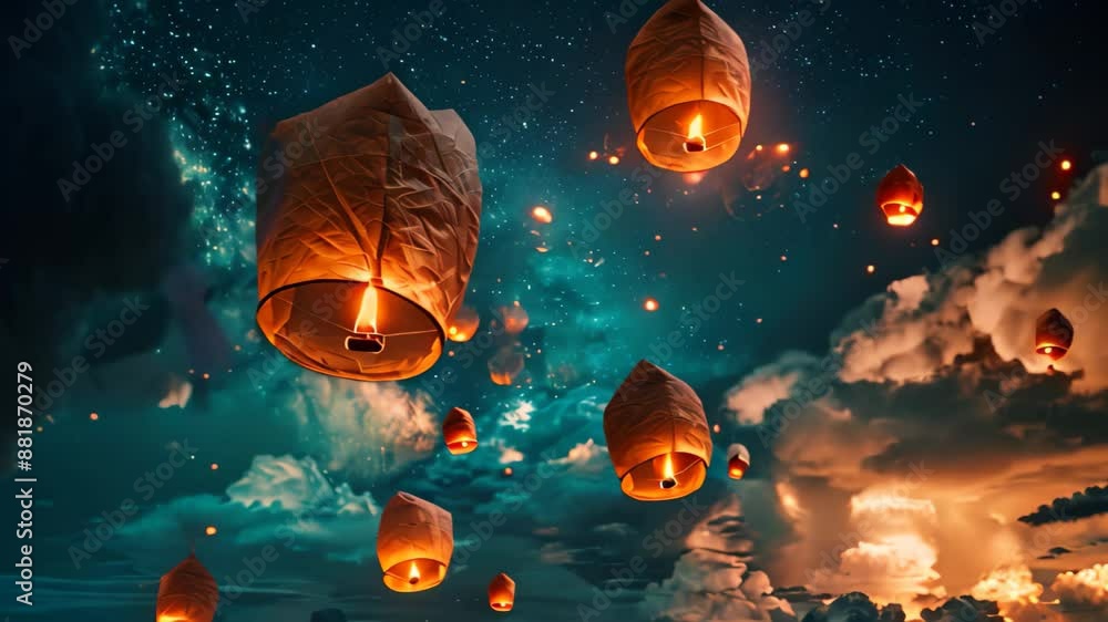 Poster a group of lanterns float in the sky, casting a warm glow in the darkness, lanterns illuminating the