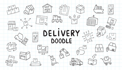 Obraz premium delivery. the pattern. mail. box. icons. transport. sticker. to send. the package. postman. on a colored background. package. drawing. doodle. minimalism. black lines.