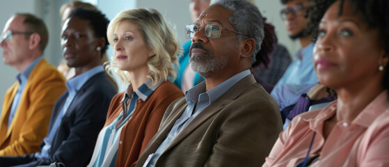 Attentive audience members sit and listen during a formal presentation or event, displaying a mix of focus and curiosity.