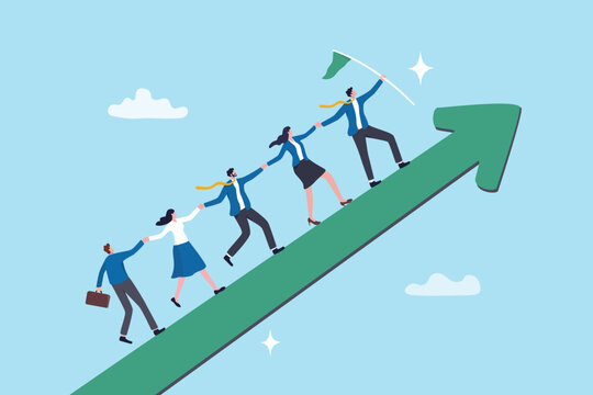 Leadership development, team success or motivation to lead team to reach goal, improvement or progress, growing together concept, businessman and woman team holding hand walk up rising growth arrow.