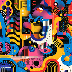 Geometric patterns and line, playful quirky cartoonish illustration, vivid splashing color