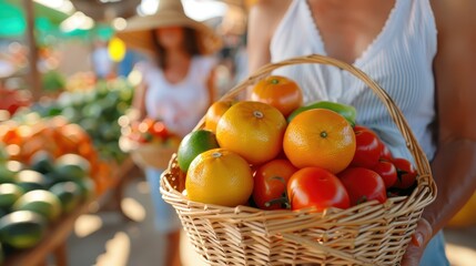 A person holds a basket brimming with fresh fruits and vegetables at a bustling market, highlighting the vibrant colors and health benefits of fresh produce in an outdoor setting.