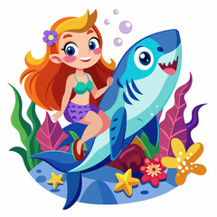 Obraz premium a colorful girl and a shark cartoon isolated on a white background 