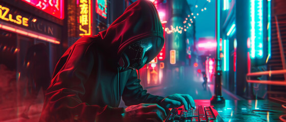 In a neon-lit urban alley, a hooded figure types on a keyboard, embodying the clandestine mood and mystery of the digital age.