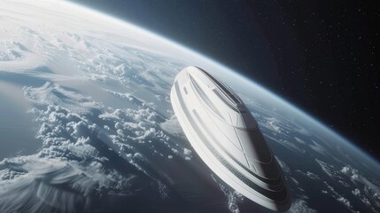 Obraz premium Intricately designed starship, combining modern architecture with spacefaring technology, drifting through the endless vacuum