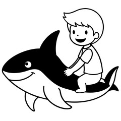 a boy is on a shark cartoon isolated on a white background 