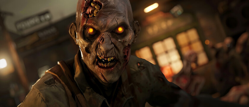 Horrifying zombie with glowing eyes and decayed face reaches towards the viewer in a chilling apocalyptic setting.