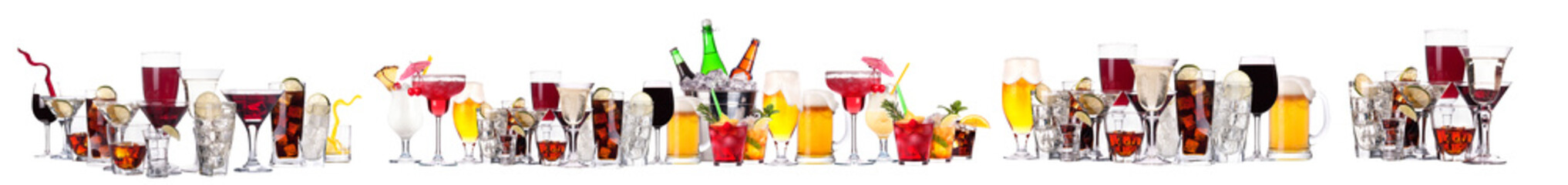 Different alcohol cocktails like beer, martini, soda, champagne, whiskey