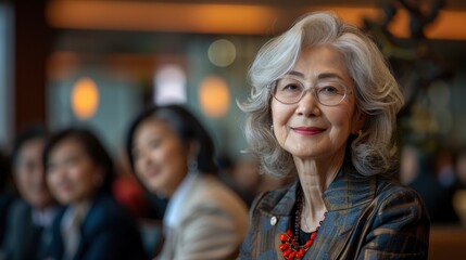 Fototapeta premium A senior Asian businesswoman and her diverse team of coworkers, smiling and bonding, meet for a successful business discussion
