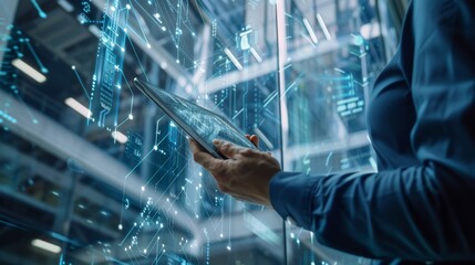 Woman in Blue Shirt Using Tablet With Digital Interface
