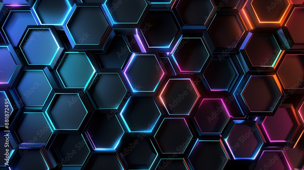 Poster luxury hexagonal pattern abstract black background with colorful gradient light lines. dark 3d geome