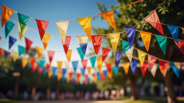 blurred colorful triangular flags backgrounds for summer of decorated celebr outdoor event party, vintage tone, celebration top view, happy summer time, copy space. Ai generative