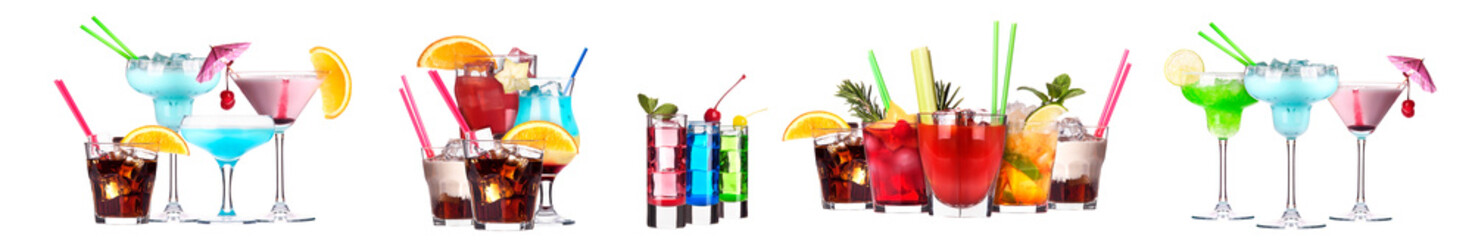 Different alcohol cocktails like beer, martini, soda, champagne, whiskey