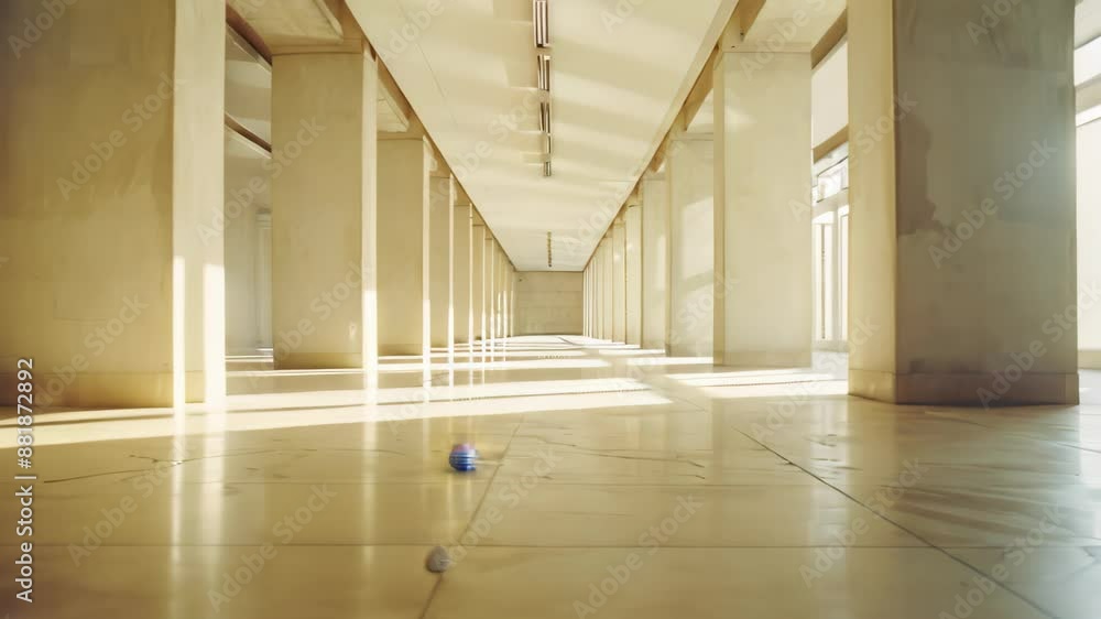 Poster a long hallway with multiple columns leading into the distance, featuring a ball resting on the floo