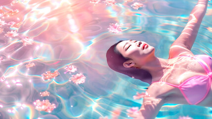 Naklejka premium Serene woman in pink bikini floats peacefully in colorful, shimmering water. surrounded by floating pink flowers, image conveys tranquility and dreamlike beauty.