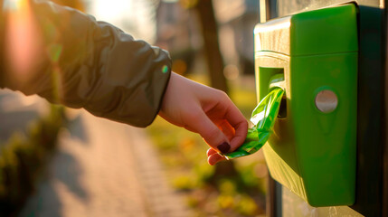 Closeup of hand pulling green dog waste bag from outdoor dispenser in park. scene is bathed in warm sunlight, indicating environmentally friendly approach to pet care.
