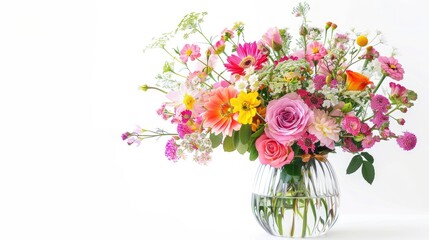 Arrangement of spring flowers in a clear vase Pink roses carnations and wildflowers with a warm tone Fresh vibrant flowers on a white backdrop