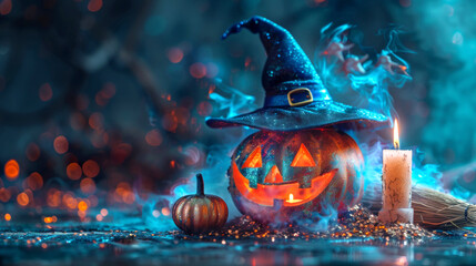 Naklejka premium Halloweenthemed scene featuring carved pumpkin wearing witch's hat, lit candle, small pumpkin, and broomstick against background of glowing lights and smoke.