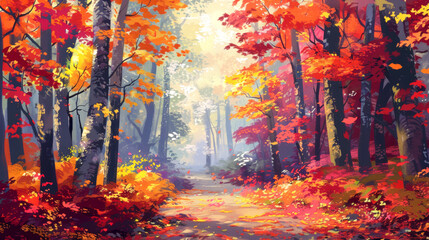 Picturesque autumn forest path adorned with vivid foliage in shades of red, orange, and yellow. serene, sunlit trail winds through dense trees, showcasing beauty of fall.