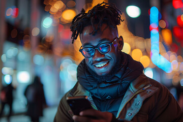 Smiling business person using smartphone in urban setting.
