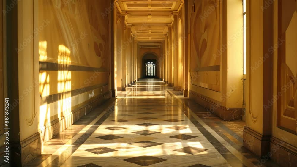 Poster perspective view of a hallway lined with checkered walls and floor extending into the distance, laye