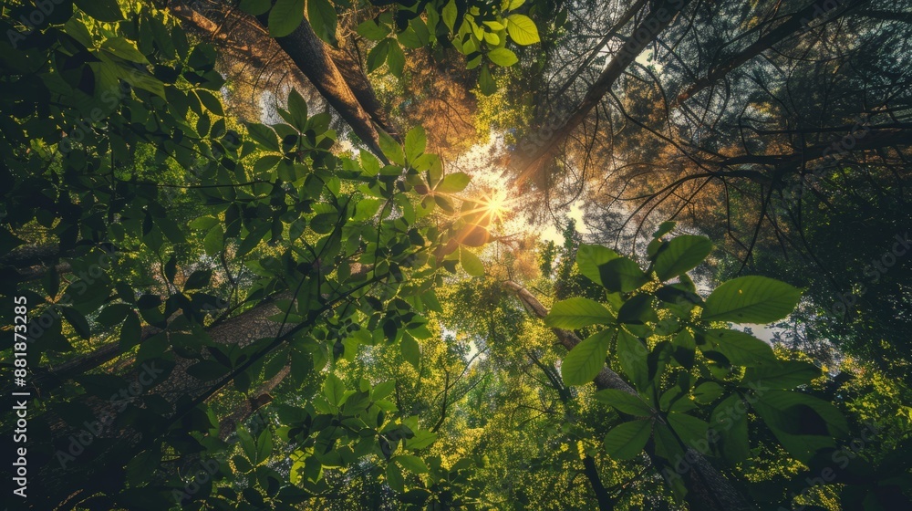 Poster sunlight filters through the lush canopy of a dense forest, creating a serene and peaceful atmospher