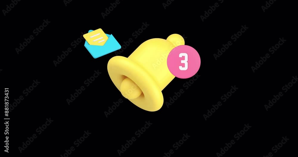 Poster ring bell incoming notification with number for online chat message 3d icon animation with alpha cha