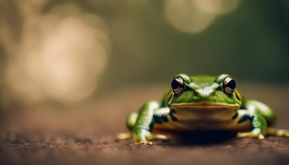 Naklejka premium green frog on the ground, close-up with copy space