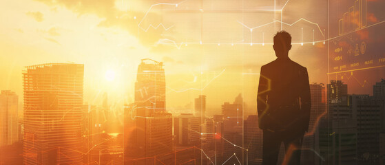A person silhouetted against a sprawling cityscape at sunset filled with data visualization graphics overlay.