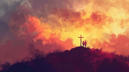 Fototapeta premium Biblical Illustration of a Cross on a Hill at Sunset with Dramatic Clouds Christian Symbolism and Serenity Beige Background copyspace