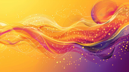 An abstract yellow and violet background with a swirl of orange circles, wavy lines and organic shapes
