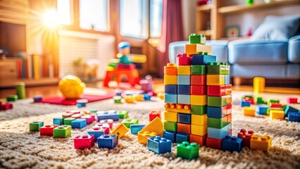 Colorful building blocks scattered on a bright rug, with a few stacked up, evidence of a young child's creative playtime and imagination, warm lighting and soft focus.