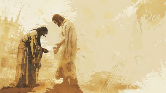 Biblical Illustration of Jesus Healing the Leper Watercolor Style Faith and Mercy Beige Background copyspace