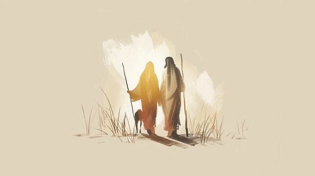 Jesus with a Shepherds Staff Watercolor Style Biblical Illustration of Faith and Guidance Beige Background copyspace