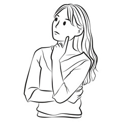 curious woman thinking looking up line art cartoon illustration