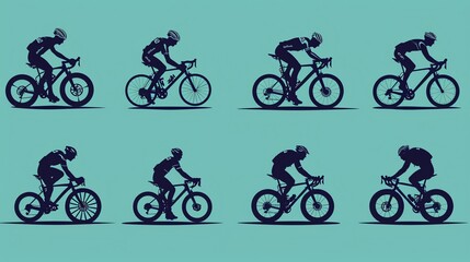 Obraz premium Six silhouettes of cyclists riding bicycles.